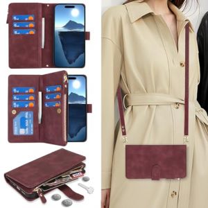 Cavor Coque Compatible avec iPhone 16 Plus Etui avec Cordon,Flip Portefeuille &Eacute;tui Cuir,[9 Porte Cartes][Double Boucle],Protection Housse Etui Compatible avec iPhone 16 Plus - Rouge (Copmob, neuf)