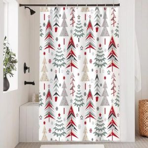 Uiiooazy Rideau Douche Anti Moisissure, Rideau Douche 120x200cm Rouge Vert No&euml;l Hiver Abstrait For&ecirc;t Sapin de No&euml;l Rideaux de Baignoire Tissu Lavable Imperm&eacute;able Rideaux Salle de Bain avec 8 Crochets (dongguibinjingpinxiaodianpu, neuf)