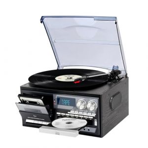 9 en 1 Platine Vinyle avec 3 Vitesses Vinyle Bluetooth, Radio AM/FM, CD/Cassette, USB/SD/MMC et Télécommande (K Audio, neuf)