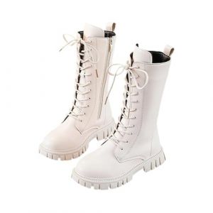 Bottes hautes pour filles, bottes de combat blanches, chaussures d'&eacute;cole en cuir synth&eacute;tique &agrave; lacets avec fermeture &eacute;clair lat&eacute;rale, semelle Chunky Lug, chaussures d&eacute;contract&eacute;es imperm&eacute;ables et (BINWEISI, neuf)