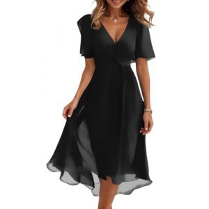 Robe Femme Chic et Elegant Mi Longue Robes de Soiree Femme Robe Longue Boheme Printemps Grande Taille Femmes Robes de Chambre Femmes Ete Chambre Dress de Bal Soiree Cocktail(Black,X-Large) (QU-XINYU, neuf)