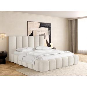 WFL GROUP Lit Rembourré 160x200 Lit Coffre avec Rangement - Lit Capitonné Blanc en Tissu Bouclette - Lit Double Moderne avec Tête De Lit - Cadre De Lit avec Sommier, sans Matelas - Serenity - Blanc (WFL GROUP France, neuf)