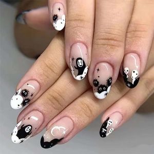 Cubahop Lot de 24 faux ongles en forme d'amande pour Halloween - Couverture compl&egrave;te - Serpent d&eacute;mon - Paillettes - Ciel &eacute;toil&eacute; - D&eacute;grad&eacute; - Pour femmes et filles (noir 4) (Cubahop, neuf)