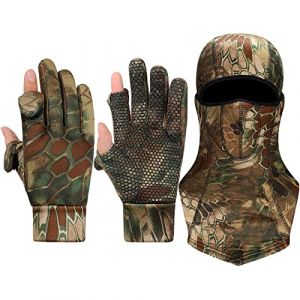 Hestya Gants de Chasse Camouflage pour Hommes Moufles de Chasse Moufles Antid&eacute;rapantes sans Doigts Couvre-Visage Int&eacute;gral Cagoule R&eacute;sistant au Vent (M) (Hoocowayee, neuf)