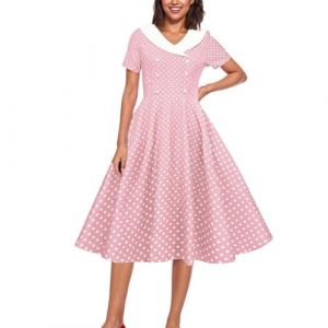 Robe vintage à pois pour petite femme, robe patineuse style années 50 Rockabilly avec boutons sur le devant, élégante robe trapèze à col en V et manches courtes, longueur genou, Rose 01., M (GMYMY, neuf)