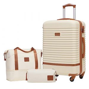 COOLIFE Valise Trolley Valise de Voyage en ABS Coque Rigide Trolley 4 Roues Serrure TSA La Valise Contient 1 Sac de Voyage et 1 Trousse de Toilette (Blanc/Marron, Lot de 3 valises Moyennes) (Coolife EU Directly, neuf)
