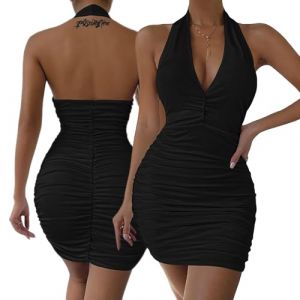 Hanaoops Robe de Soiré Sexy Femme avec Col en V Robe Moulante Mini Bodycon Robes sans Manches Col Licou Elegant Charme Courte Robe Dos Nu Été Clubbing Nuit Cocktail Robe Bal de Promo (GELIYANALY, neuf)