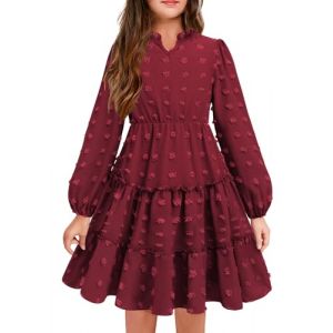 Arshiner Robe &agrave; Manches Longues en Mousseline de Soie pour Fille-Robe de F&ecirc;te Robe de Soir&eacute;e Unie Manches Bouffantes Robe de No&euml;l Rouge Robe 7-8 Ans (Arshiner Store, neuf)