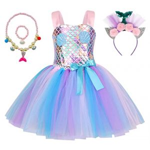 ZKomoL Filles sirène robe ensemble bandeau petite sirène carnaval princesse robe Halloween fête mascarade anniversaire sirène robe 2-12Y (4 ans, bleu) (Champion France, neuf)