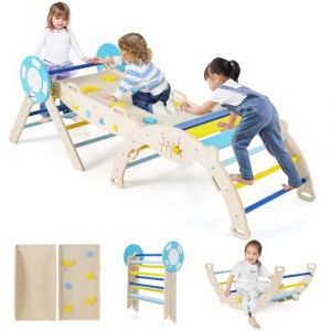 GOPLUS 7 en 1 Triangle Escalade Montesorri pour Enfants 1 Ans+, Parcours Montesorri Bebe Bois Pliable avec Arche, Rampe, Corde&Échelle, Pont, Aire de Jeux Intérieur (Capitaine|7 en 1,Pastel) (Augenstern24, neuf)
