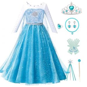 Kitimi Deguisement Robe Reine des Neiges Fille, Elsa Costume Robe Princesse Enfant Jupe Longue en Tulle avec Baguette Magique Princesse Couronne pour Carnaval Anniversaire Halloween Noel (HUANGXIAOWANG LTD, neuf)