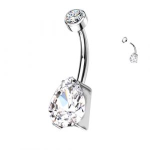 Piercing nombril banane AWAKEN en titane avec cristal en forme de poire et filetage interne PWD-022 argent blanc (Z&Z PUNK SHOPPING, neuf)