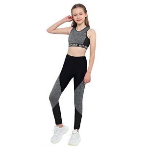 Doomiva 2 Pièces Ensemble Survêtement Enfant Fille Ado Vêtements de Sport Eté Brassière Corp Tops de Danse Yoga Leggings Jogging Pantalon de Sport Fitness Streetwear 4-16 Ans Gris Noir 10 Ans (Doomiva EU, neuf)