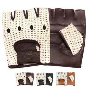 PSS Mitaines Gants sans Doigts Homme Femme Cuir V&eacute;ritable Vache pour Conduite Voiture V&eacute;lo Cyclisme Bike VTT Fauteuil Roulant Gants Demi-Doigts &Agrave; Mailles Coussin Paume &Eacute;t&eacute; Hiver - Marron (PSS FR, neuf)