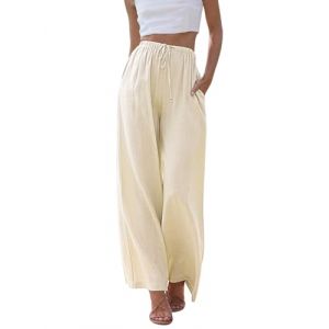 Voqeen Femme Pantalon D'été en Lin Taille Haute Couleur Unie Pantalon de Plage Large Décontracté Taille Élastiquée avec Poches (YCH_GO, neuf)
