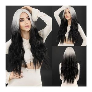 Perruque Naturel Ombre noir blanc perruque de cheveux ondulés for les femmes Cosplay fête quotidienne synthétique naturel partie centrale perruque bouclée Lolita résistant à la chaleur Perruque Coupe (zengfanjunuk, neuf)