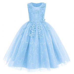 IWEMKE Enfants Filles Robe Mariage Tulle Dentelle Robe Princesse Longue Fleur Brodée Soirée Demoiselle d'honneur Robe Tutu sans Manches Pageant Baptême Fête Anniversaire Carnaval Bleu Clair 7-8 Ans (IWEMEK, neuf)