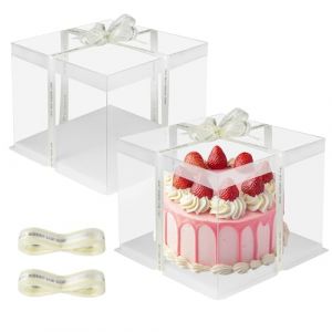 BUCOMTU Lot de 2 Boite a Gateau Transparente, 30 x 30 x 25 cm Boite Cadeau Transparente avec Base et Ruban, Bo&icirc;te &agrave; G&acirc;teaux &agrave; Double Couche, pour Anniversaires et Mariages (VOICU LAWE S.R.L., neuf)