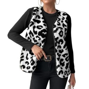 ORANDESIGNE Gilet L&eacute;opard en Molleton Polaire Doux sans Manche Coupe Classique Femme Grandes Filles Blouson Mode Bouton Sans Manches Veste A Blanc XL (Wowmart Zoo X., neuf)