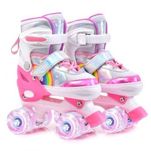 ERNAN Roller Enfant Filles et Garçons,Patin a Roulette Enfant 4 Taille Réglable, Roller Quad avec 8 Roues Lumineuses. Patins à roulettes pour Enfants pour débutants (Rainbow A, S) (ERNAN STORE, neuf)