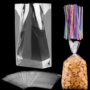 100 Pi&egrave;ces Sachet Bonbon Transparents 20 x 30 cm Sachets Transparents pour Biscuits avec 100 Cravates Torsad&eacute;es Color&eacute;es Sachet Plastique Plat pour Cadeaux Bonbon Biscuit Gateau Savon Jouets (Weisilu Directly, neuf)