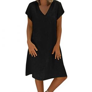 Robe d'été en lin pour femme - Robe midi décontractée à manches courtes - Robe en coton - Col en V - Robe tunique grande taille - Robe d'été trapèze - Robe de plage quotidienne, 02 Noir, 3XL (iNSe 51%, neuf)