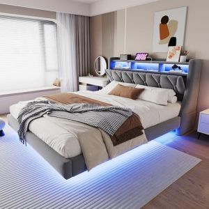 Lit rembourr&eacute; de 180 x 200 cm, avec LED et USB, dot&eacute; de t&ecirc;te de lit rabattable et espace de rangement, lit double avec sommier &agrave; lattes, lit d'appoint, cadre de lit en velours, pour adolescents, gris (ZHYMING, neuf)