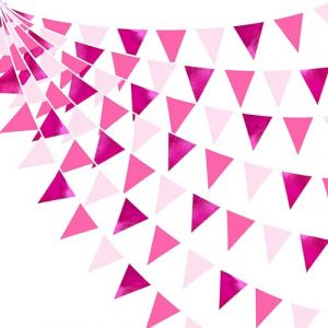 32Ft Rose Vif Fanion Guirlande Bannière Décoration de Fête Métallique Rose Foncé Rose Clair Tissu Triangle Drapeau Banderole pour Fille Anniversaire Bapteme Mariage Rose d'octobre Jardin Fiesta Decor (MZY Co., Ltd, neuf)
