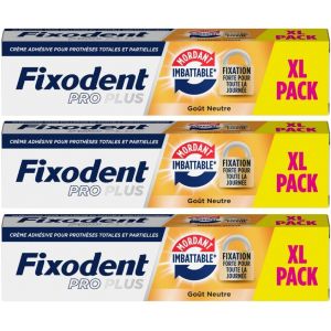 Fixodent Pro plus Cr&egrave;me Adh&eacute;sive pour proth&egrave;ses Totales & Partielles Mordant Imbattable 57g XL pack x 3 (Alej market, neuf)