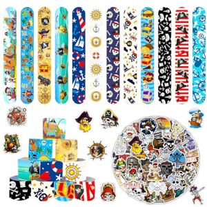 MORAINJAY 36PCS Pirate Bracelet &agrave; Claquer avec 50PCS d&lsquo;Autocollant,Bracelets Slap Bandes Cadeau Anniversaire Fille Gar&ccedil;on Invites,Pirate Slap Bracelets pour Remplisseurs Cadeau Pirate Parti Favors (Blast Orb, neuf)
