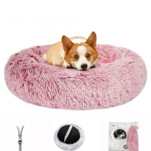 Lit pour Chien Dehoussable Lavable, Panier Chiot Rond Douillet, Canap&eacute;, Coussin Animaux Anti Stress Apaisant, Anti-d&eacute;rapant, Tissu Peluche Doux (S-50cm,A Rose) (YaNyi, neuf)