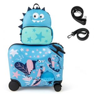 GOPLUS 18" Valise et 12" Sac à Dos pour Enfant, Valise à Enfourcher avec Corde pour Tirer, Valise de Voyage Portable à roulettes avec Poignée Télescopique, Motifs Dinosaures, Valise pour 3+ Ans (Augenstern24, neuf)