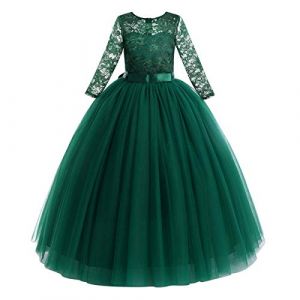 Fille Robe de Demoiselle d'honneur Princesse Dentelle Tutu Tulle Mariage Robe Longue de Soir&eacute;e Formelle F&ecirc;te d'anniversaire Soir&eacute;e C&eacute;r&eacute;monie Manches 3/4 Robe de Premi&egrave;re Communion Vert 13-14 Ans (FYMNSI store, neuf)