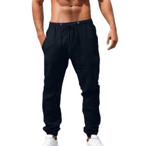 Hommes Pantalon Lin Ete Pantalon Decontracte avec Poches Cordon Pantalon Ample de Plage L&eacute;ger Respirant Pantalon Elastique pour Homme de Couleur Unie (extensivc, neuf)