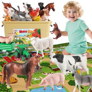 FRUSE Animaux de la Ferme avec Grand Tapis de Jeu 120 x 80 cm,38 pi&egrave;ces Animaux Jouet avec Figurine AnimauxFerme, Jouets Tracteur Enfant,Jouets &Eacute;ducatifs Cadeaux pour Enfant Fille Gar&ccedil;ons 3 4 5 Ans (Coconutree, neuf)