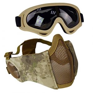 AOUTACC Kit de Protection Airsoft avec Demi-Masque en Maille avec Protection des Oreilles et Lunettes pour CS/Chasse/Paintball/Tir (at) (MeiLu, neuf)