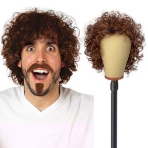 UILYNIU Perruque Hommes et Moustache Brun Carnaval Halloween Boucles Perruque Afro Deguisement Hippie Homme Perruque, Rock Perruque Homme pour 60's 70's 80's Hippie Costume Disco Th&egrave;me Partie (Brun) (XIMO EU, neuf)