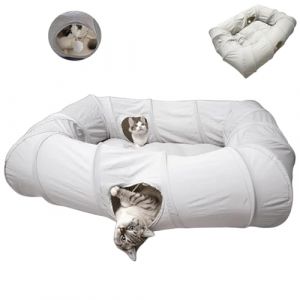 ERNAN Tunnel Chat,Tunnel Chat Pliable Coussin Lavable,Tunnel Lapin avec Grottes,Tunnel Jeu Pet Tube Pliable Jouet,idéal pour l'exercice en intérieur pour Chatons (White Grey) (ERNAN STORE, neuf)
