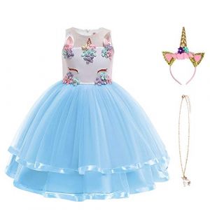 URAQT Robe Licorne Enfant de Princesse, Robes Fille, Robe de Princesse avec Licorne, Unicorn Party, Bleu,100 pour 2-3Ans (Petit Wudong, neuf)