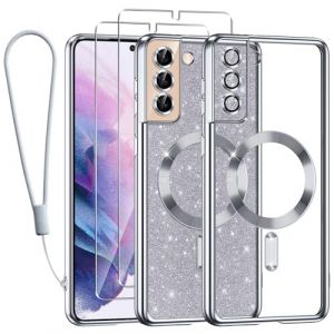 Kokio Glitter Magnétique pour Samsung Galaxy S21 5G Con Cordon, [Compatible avec MagSafe] Antichoc Brillant Pailleté Housse Souple Couqe pour Samsung S21 5G avec 2 Pièces Verre Trempé Étui, Argent (Wulf Stefan, neuf)