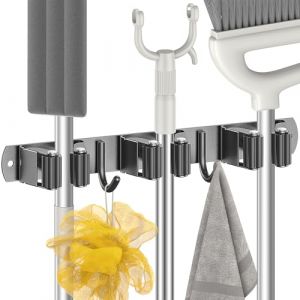 Radikor Accroche Balai Mural, Porte Balais Mural avec 3 Supports et 2 Crochets, Support Balais Mural sans Percage, Attache Balai Mural avec Vis, Range Balai Mural, Porte Outils de Jardin Mural, Noir (AARON BARNETT, neuf)