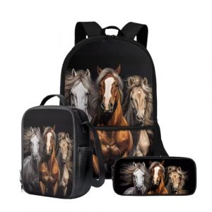 Wnbucioht Sac à dos 3 en 1 pour enfants garçons avec sac à déjeuner isotherme, porte-crayon, Cheval marron, Taille unique, Ensemble cartable (xiaohedianzishangwu, neuf)