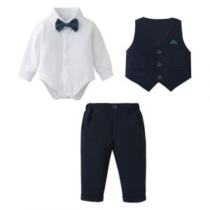 B&eacute;b&eacute; Gar&ccedil;on Gentleman V&ecirc;tements Ensemble, Enfant Mariage Bapt&ecirc;me Tenue Fete Costume Ceremonie Chemises Haut Chemise Gilet Pantalon N&oelig;ud Papillon 3-24 Mois (Bleu, 12-18 mois) (Amissz-EU, neuf)
