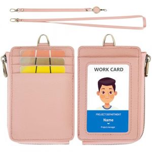 Wason Porte-Badge en Cuir avec Poche Zipp&eacute;e Lani&egrave;re D&eacute;tachable Dragonne et Enrouleur Badge R&eacute;tractable, Emplacement carte polyvalent Carte d'identit&eacute; Badge Cl&eacute; Permis de conduire (Rose) (Wason eu, neuf)