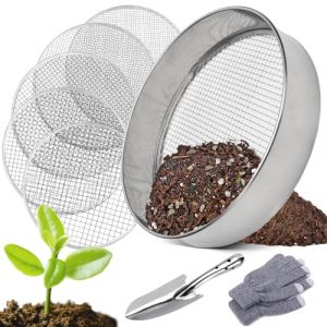 Tamis de Jardin en Acier Inoxydable,5 en1 Tamis Jardin Rond 30 cm,avec 5 Tamis Interchangeables Ø 3,6,9,10,12 mm,Tamis de Jardin Rond,Tamis à Compost pour Terre, Compost, Semences (RUNYI store, neuf)