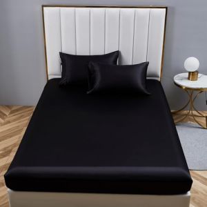 YASMENG Drap Housse 200x200 Satin Noir Uni Bonnet 30 cm Soyeux Brillant Luxe Soie Drap de lit en Satin de Soie Polyester Douce Lisse Respirant pour Matelas Épais (Tamir Zhang, neuf)