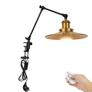 FSLiving TD/2773 Lampe industrielle à pince avec télécommande, clip réglable sur bureau, liseuse, lampe de chevet à intensité variable avec bras flexible pour bureau, table de chevet, étagère, dorée (KV-001, neuf)