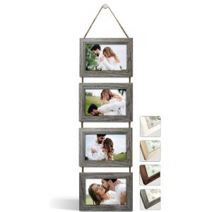 NEOWS Cadre Photo Multiple avec Corde pour Suspendre au Mur - Lot de Cadres Décoratifs pour Accrochage Mural Vertical - Porte Portrait Pele Mele - Photos 10x15 (Chêne Gris, 4 Photos Horizontal) (NEOWStore, neuf)