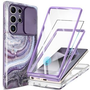 GVIEWIN Coque Compatible avec Samsung Galaxy S24 Ultra, avec Coulissante Protection de la Cam&eacute;ra+Protection &eacute;cran [2 Cadres Avant] Marbre 360&deg; Antichoc Protecteur Housse 6,8" 2024, Voie Lact&eacute;e/Violet (GVIEWIN EU, neuf)