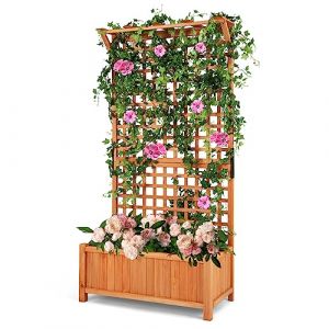COSTWAY Jardinière Surélevée avec Treillis en Bois de Sapin avec Trou de Drainage, Bac à Fleurs pour Plante Grimpante Vigne, Lit de Jardin Résistance aux Intempéries (90 x 44,5 x 182,5 cm) (FDS GmbH, neuf)